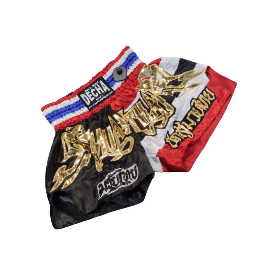 Decha Shorts Black and Red w Gold Script.jpg