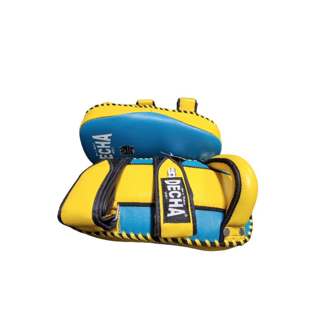 Decha Leather Forearm Pads Blue and Yellow.jpg